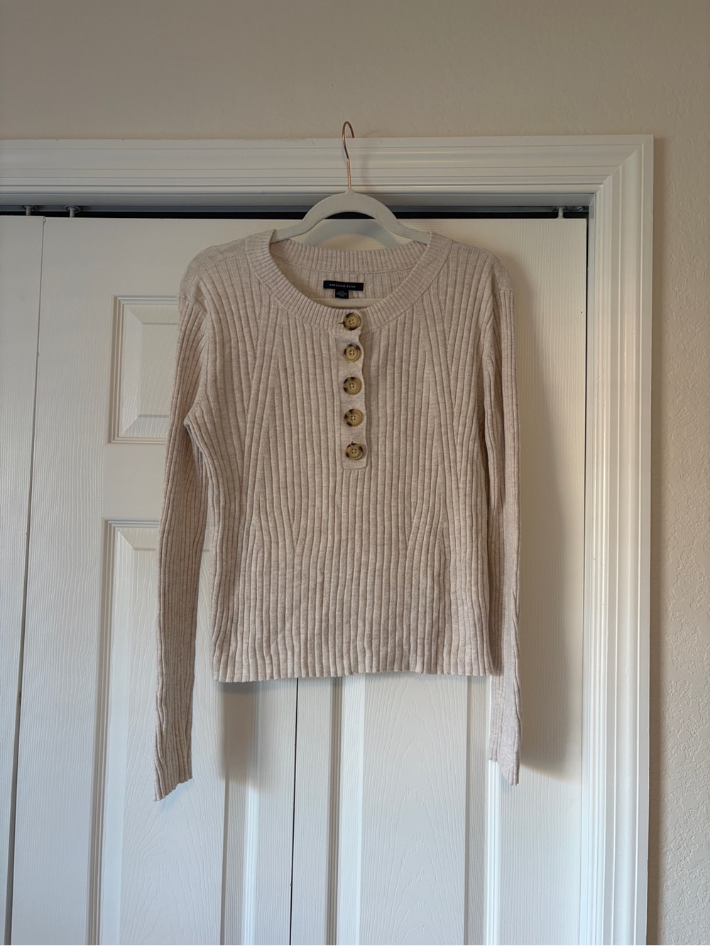 American Eagle Outfitters Cream Ribbed Button Cardigan